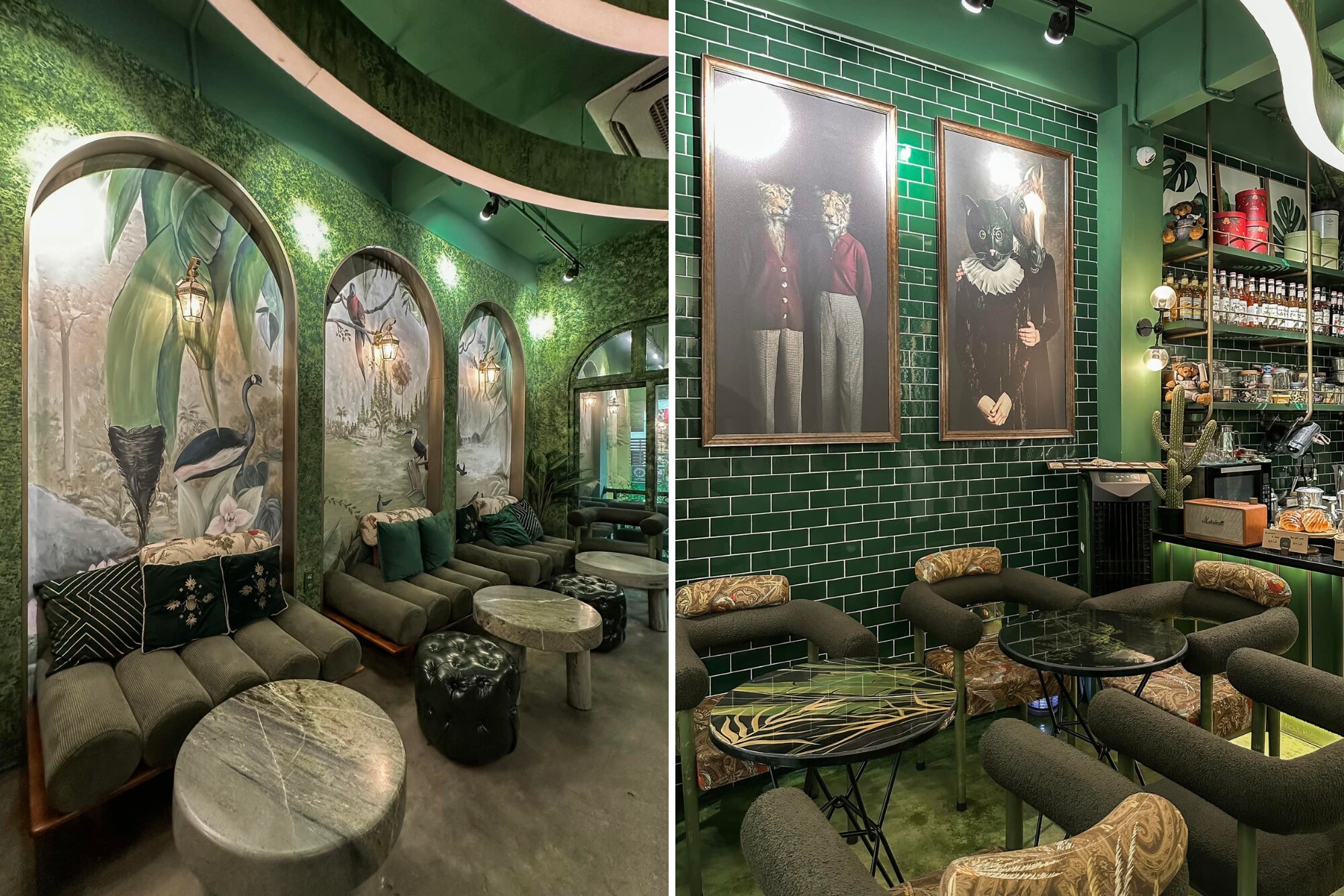 Moss-covered walls and wooden interiors make you feel as if you’ve stepped into a quiet forest in the city